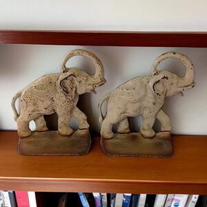 Cast Iron Elephant Bookends Doorstops Vintage Antique Patina White Washed Shabby